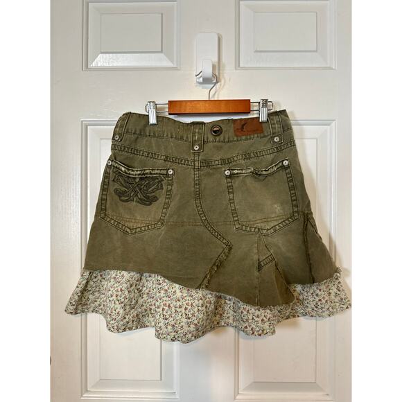 Free People Skirt Womens 28 Olive Green Y2K High Waisted Distressed Flare Mini - Picture 4 of 9